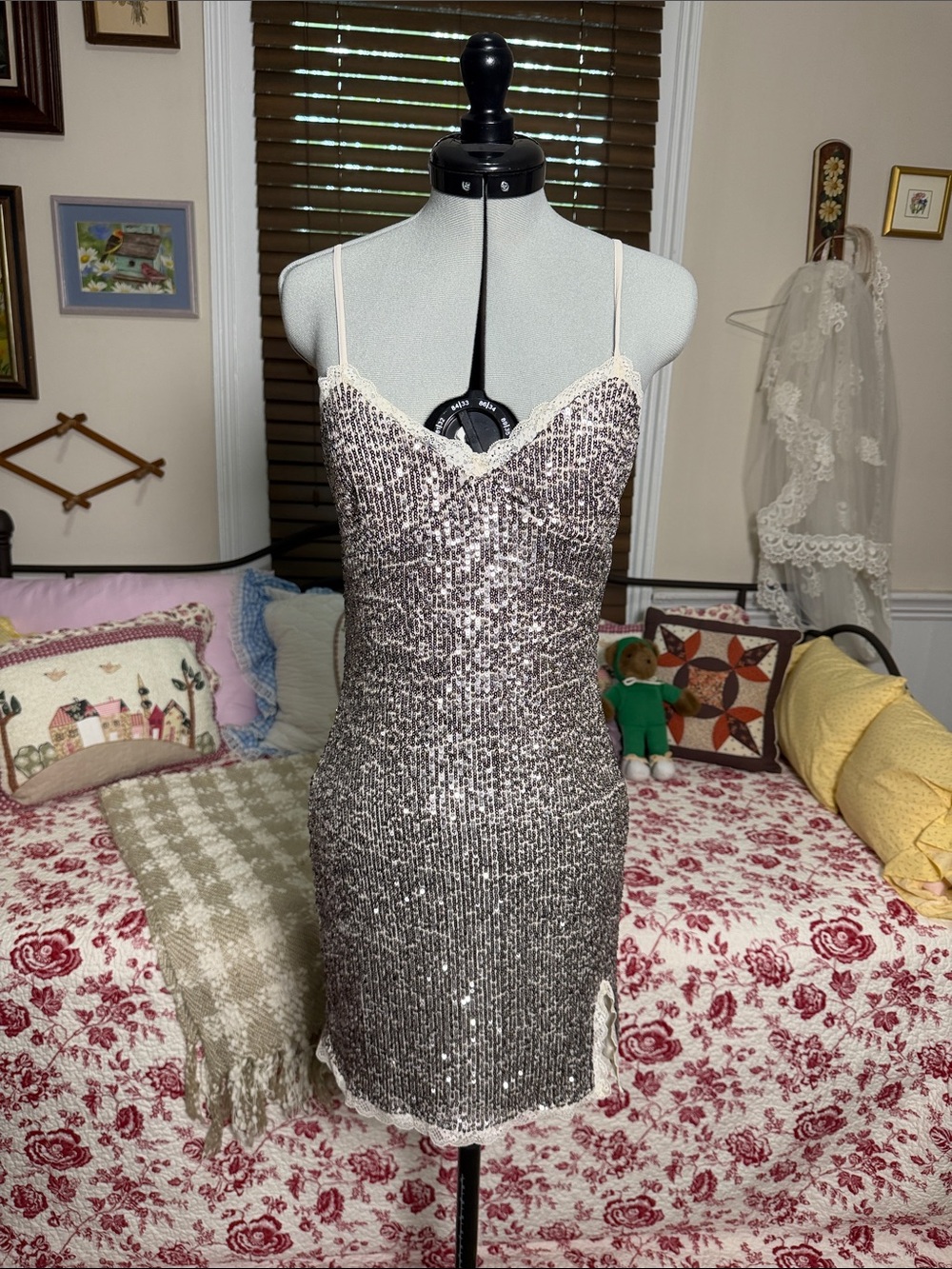 Wild Fable Sequin Slip Dress with Lace Trim Sz XS